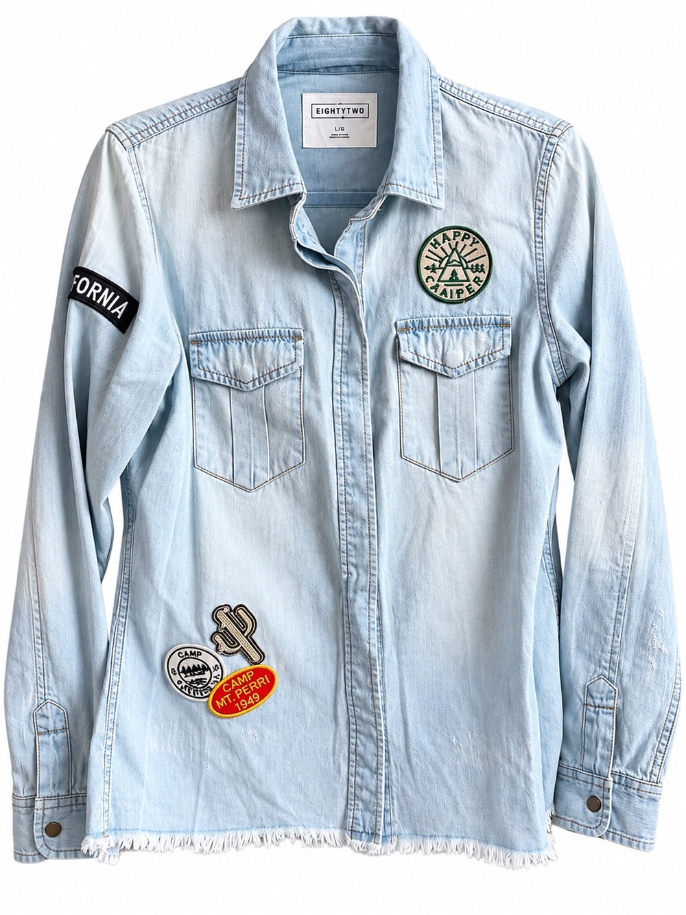 Light Blue Denim shirt/jacket with Patchwork Accents, size L (fits like M)